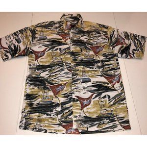 Sportif Mens L sealife Button Down Casual Shirt Cotton boats fish front pocket